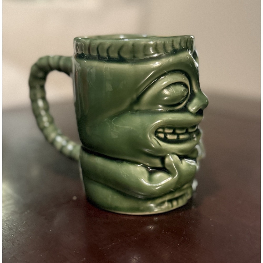 TIKI Coffee Ceramic Mug Handle Green Hawaiian Smiling Hang Ten Glossy - 4" Tall - Picture 5 of 8